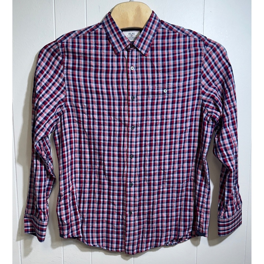 Flag & Anthem Mens Large Red White Blue Plaid Long Sleeve Button Down Shirt L